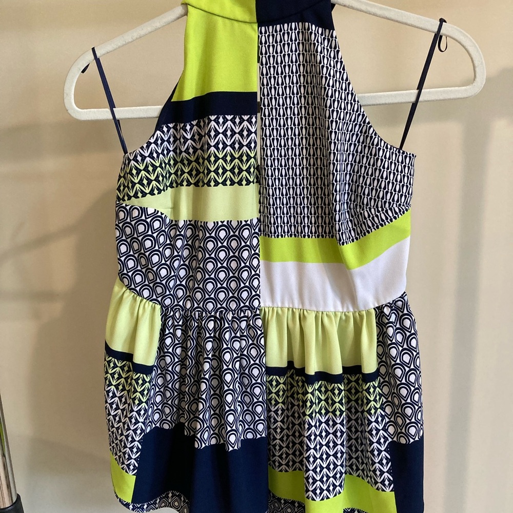 Kaari Blue Asymmetrical Pleated Halter Style Top in Navy Blue and Lime Green